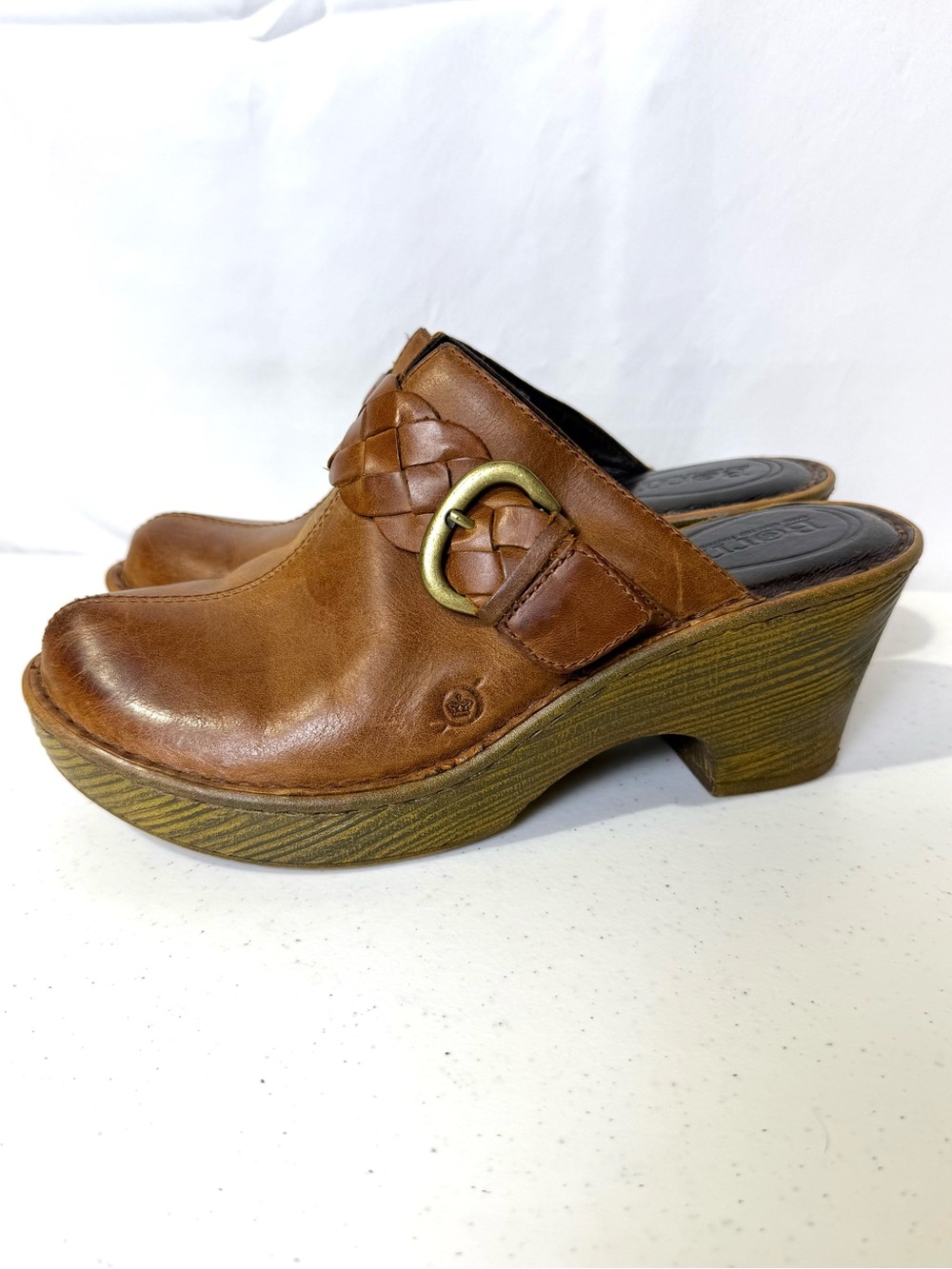 Born Women's 9M Brown Leather Braided Buckle Platform Slip-On Clog Mule